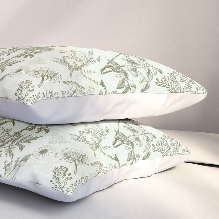 Meadow Floral Herbarium Cottagecore  Botanical Monochromatic Pattern - Pistachio Green  Pillow Sham Gallery Image 3