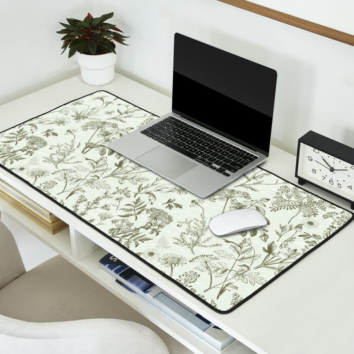 Meadow Floral Herbarium Cottagecore  Botanical Monochromatic Pattern - Pistachio Green  Desk Mat Gallery Image 2