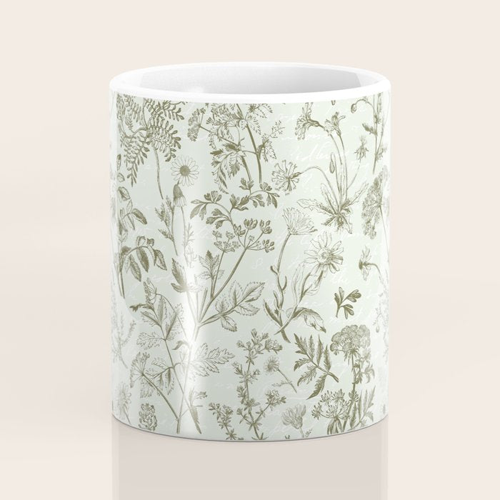 Meadow Floral Herbarium Cottagecore  Botanical Monochromatic Pattern - Pistachio Green  Coffee Mug Gallery Image 4