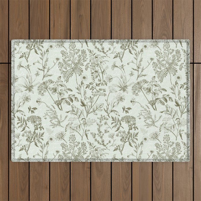 Meadow Floral Herbarium Cottagecore  Botanical Monochromatic Pattern - Pistachio Green  Outdoor Rug Gallery Image 1