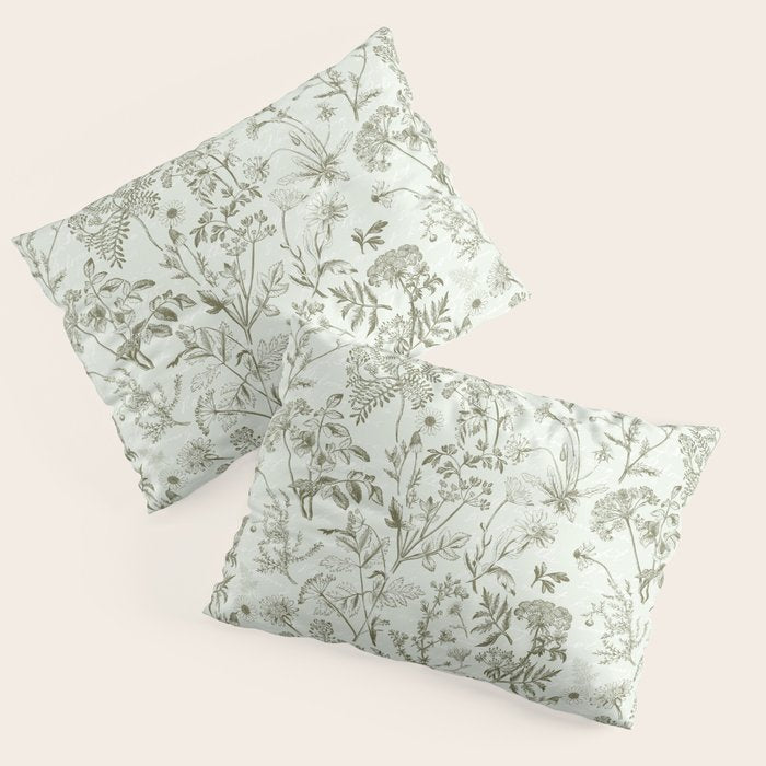Meadow Floral Herbarium Cottagecore  Botanical Monochromatic Pattern - Pistachio Green  Pillow Sham Gallery Image 3