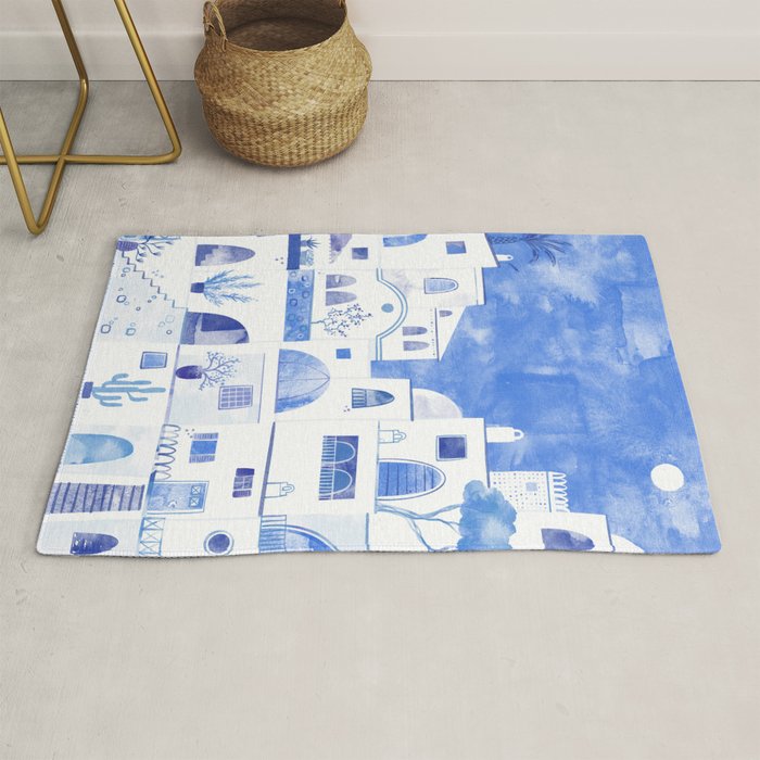 Santorini Greek Island Mediterranean Watercolor Rug Gallery Image 1