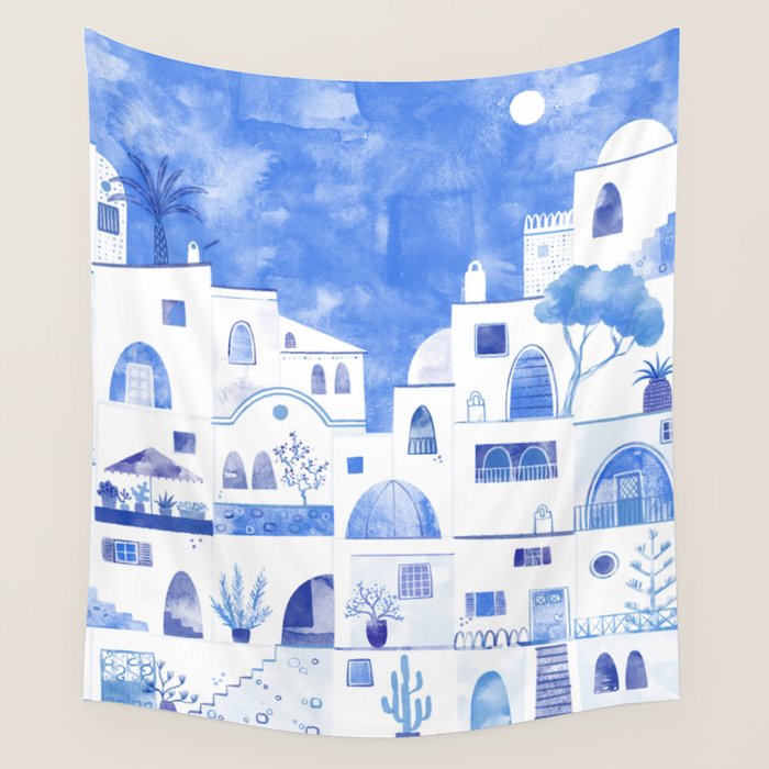 Santorini Greek Island Mediterranean Watercolor Wall Tapestry Gallery Image 1