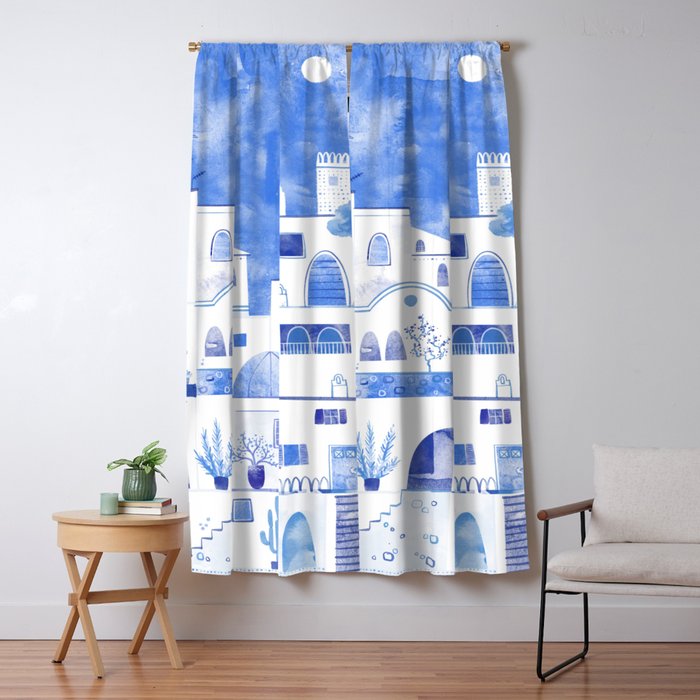 Santorini Greek Island Mediterranean Watercolor Window Curtain Gallery Image 1