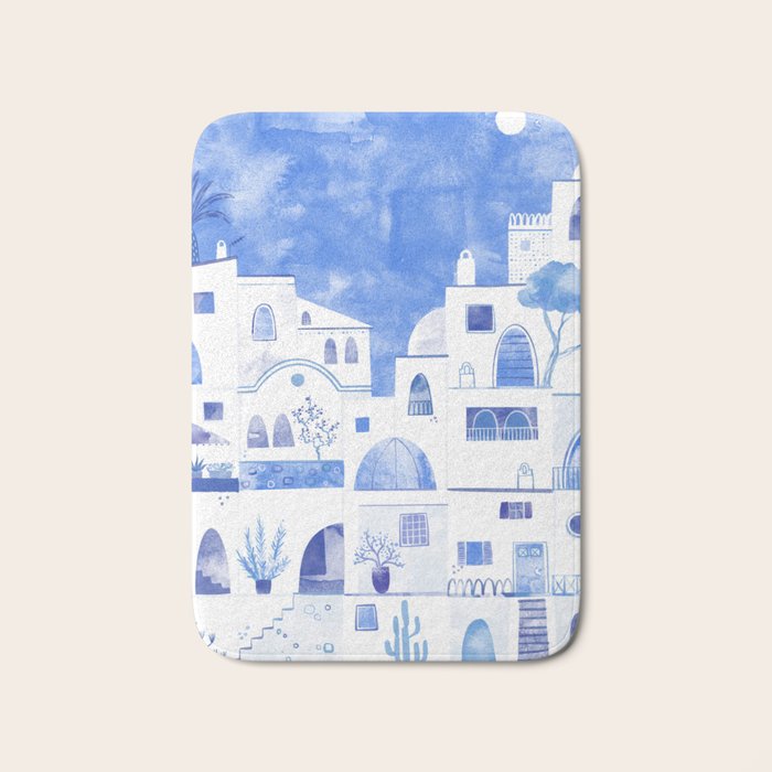 Santorini Greek Island Mediterranean Watercolor Bath Mat Gallery Image 1