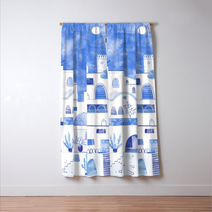 Santorini Greek Island Mediterranean Watercolor Window Curtain Gallery Image 3