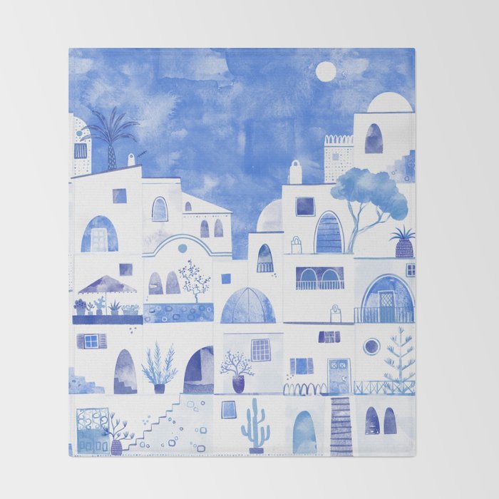 Santorini Greek Island Mediterranean Watercolor Throw Blanket Gallery Image 2