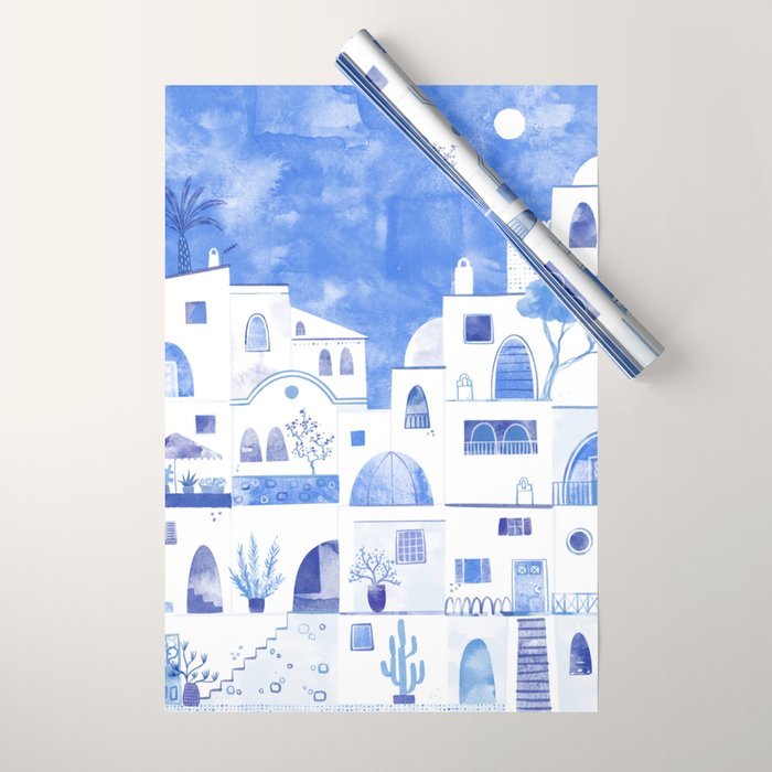 Santorini Greek Island Mediterranean Watercolor Wrapping Paper Gallery Image 1
