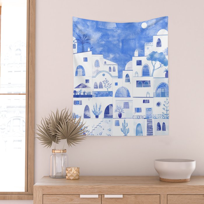 Santorini Greek Island Mediterranean Watercolor Wall Tapestry Gallery Image 2