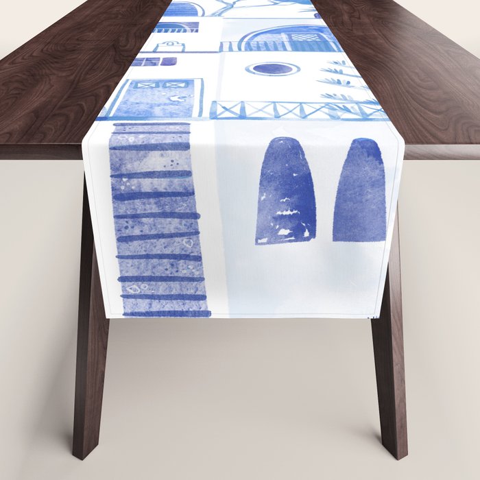 Santorini Greek Island Mediterranean Watercolor Table Runner Gallery Image 1