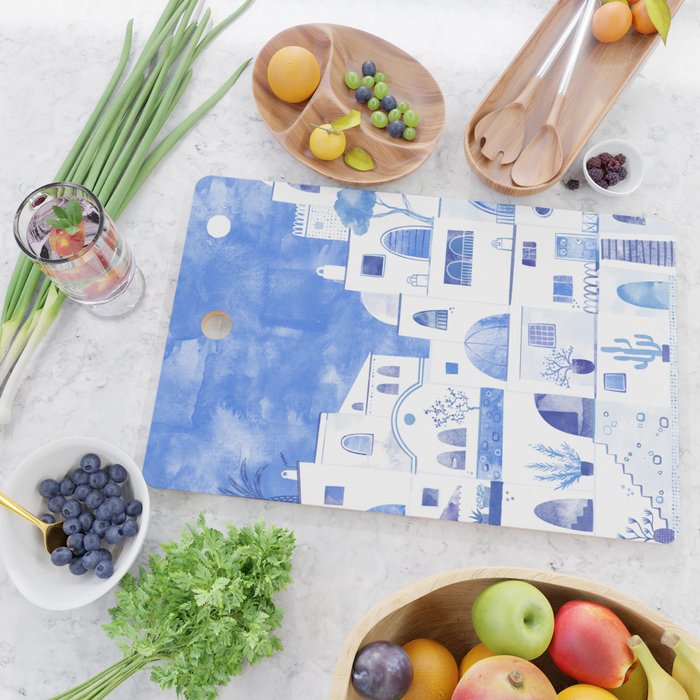 Santorini Greek Island Mediterranean Watercolor Cutting Board Gallery Image 2