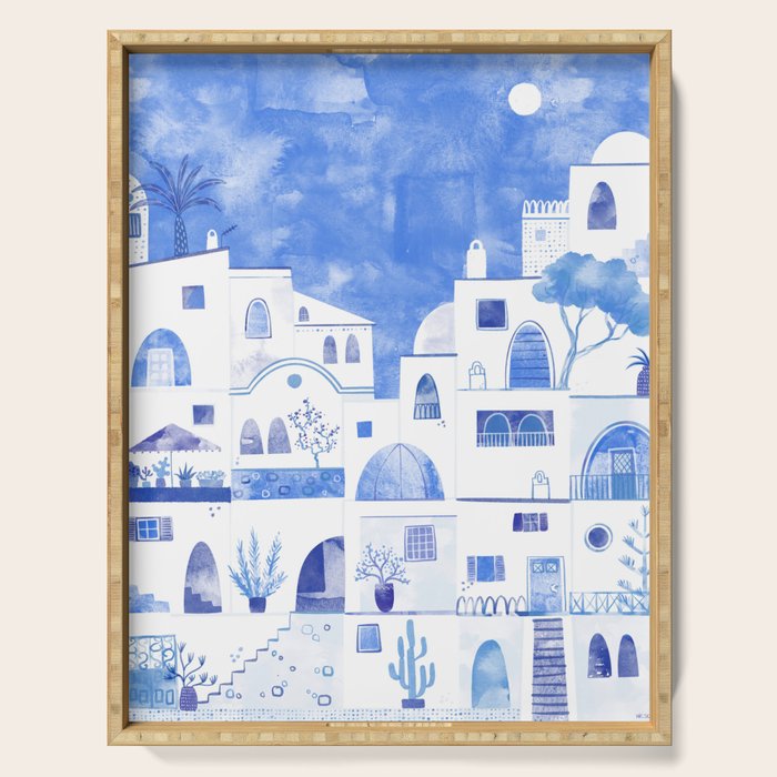 Santorini Greek Island Mediterranean Watercolor Serving Tray Gallery Image 1