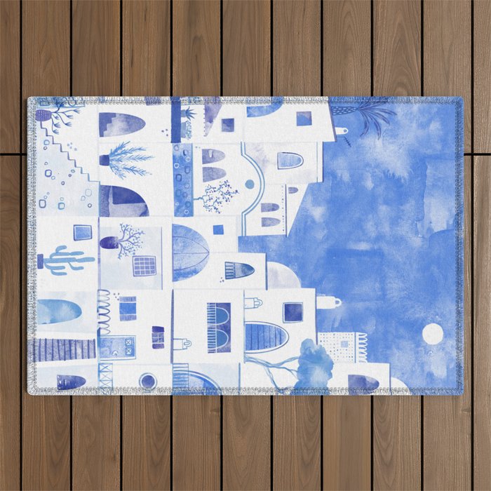 Santorini Greek Island Mediterranean Watercolor Outdoor Rug Gallery Image 1