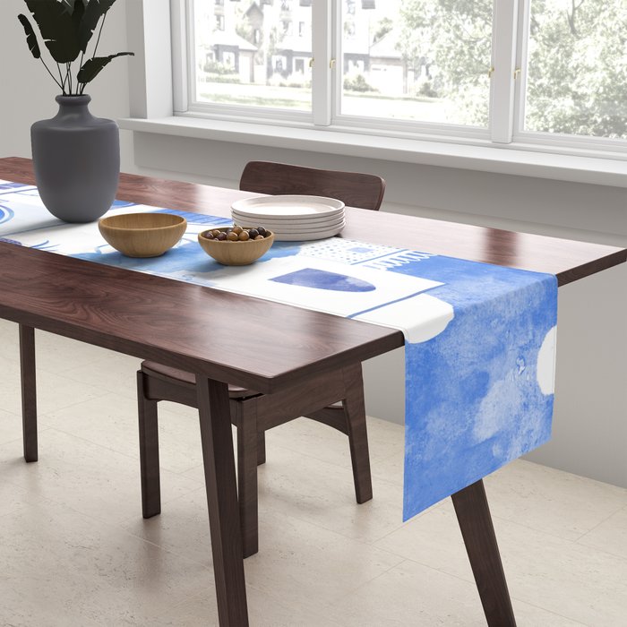 Santorini Greek Island Mediterranean Watercolor Table Runner Gallery Image 2