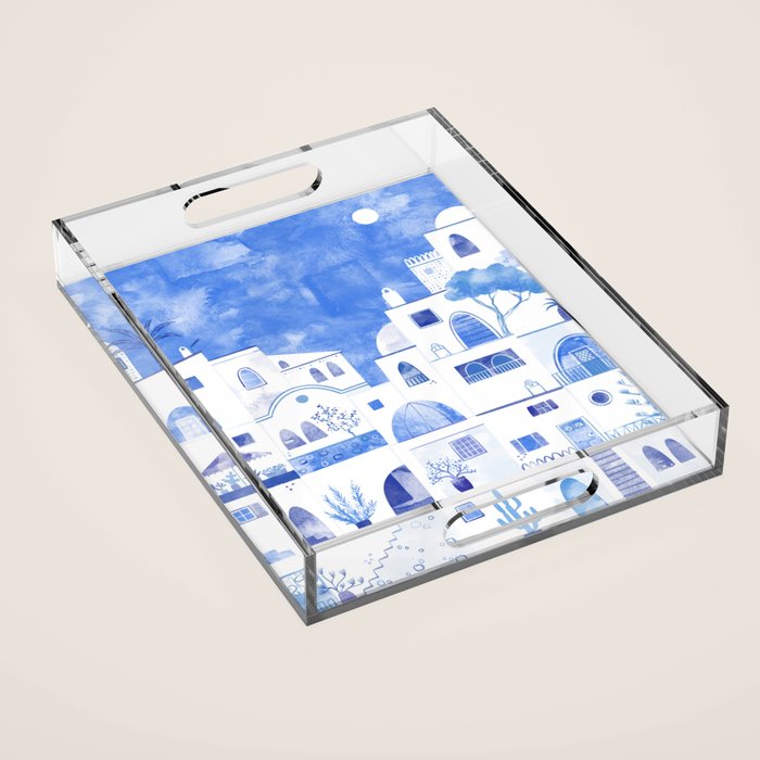 Santorini Greek Island Mediterranean Watercolor Acrylic Tray Gallery Image 1