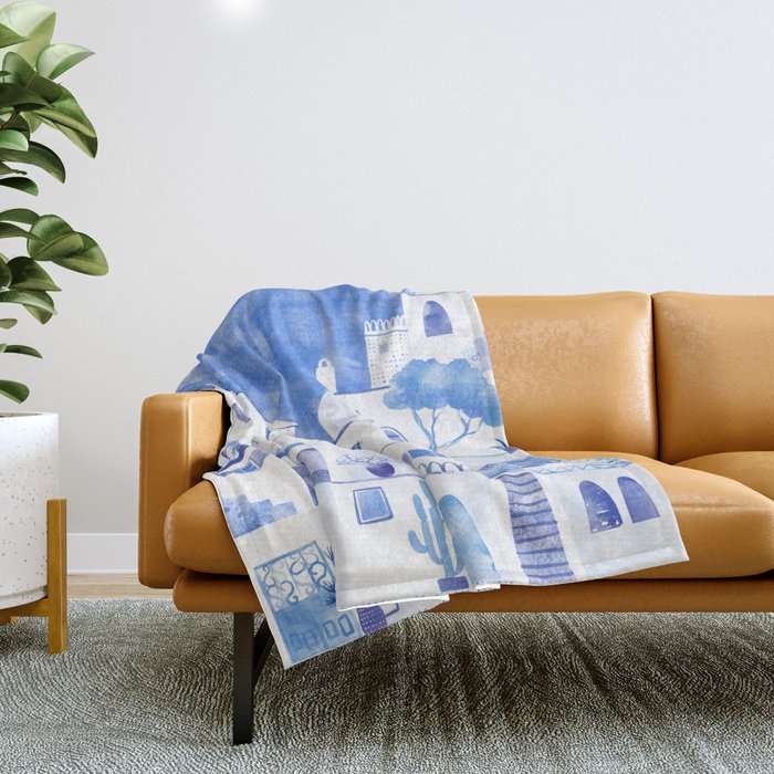 Santorini Greek Island Mediterranean Watercolor Throw Blanket Gallery Image 1