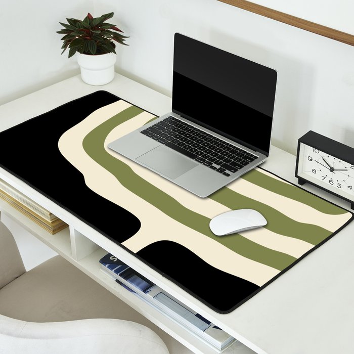 Abstract Geometric Rings 234 Black Olive Green and Beige Desk Mat Gallery Image 2