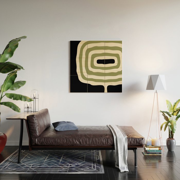 Abstract Geometric Rings 234 Black Olive Green and Beige Wood Wall Art Gallery Image 2