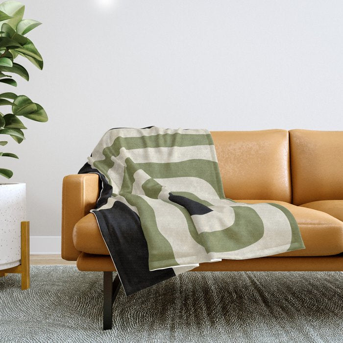 Abstract Geometric Rings 234 Black Olive Green and Beige Throw Blanket Gallery Image 1