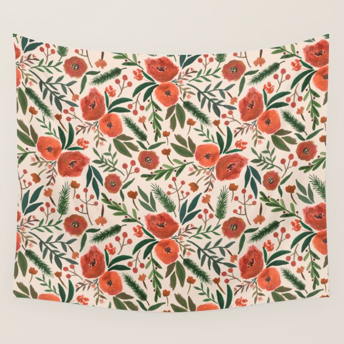 Christmas Floral Pattern Wall Tapestry Gallery Image 1