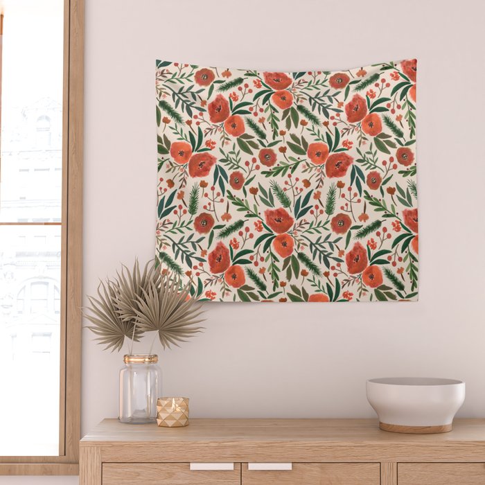 Christmas Floral Pattern Wall Tapestry Gallery Image 2