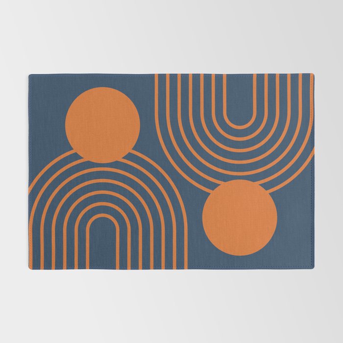 Mid Century Modern Geometric 186 in Navy Blue Orange Rug Gallery Image 2