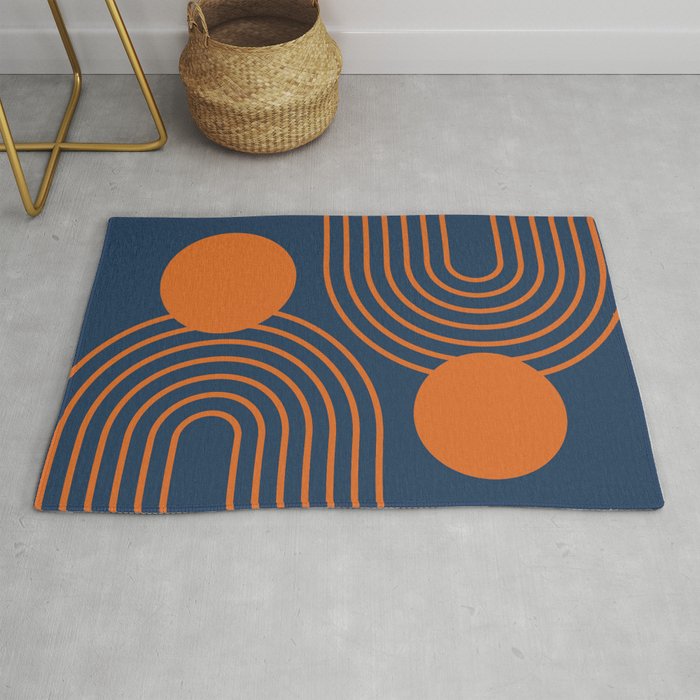 Mid Century Modern Geometric 186 in Navy Blue Orange Rug Gallery Image 1