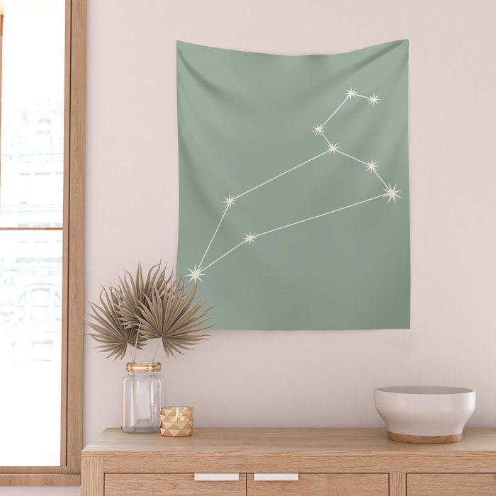 Leo Zodiac Star Constellation Line Art Soft Sage Wall Tapestry Gallery Image 2