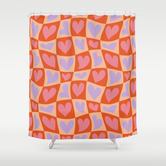 Retro red love heart checkered pattern Shower Curtain Gallery Image 1