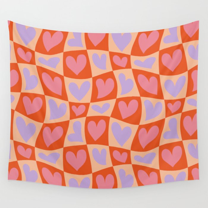 Retro red love heart checkered pattern Wall Tapestry Gallery Image 4