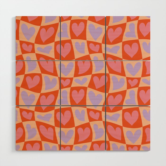 Retro red love heart checkered pattern Wood Wall Art Gallery Image 1