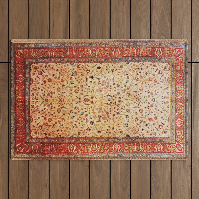 Antique Persian Rug Print With Gold Field Outdoor Rug Gallery Image 1