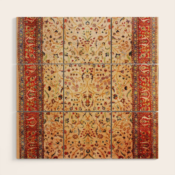 Antique Persian Rug Print With Gold Field Wood Wall Art Gallery Image 1