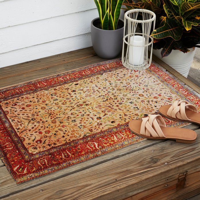 Antique Persian Rug Print With Gold Field Outdoor Rug Gallery Image 2