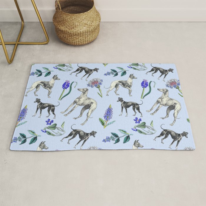 GREYHOUND DOGS and Blue Meadow Botanical Pattern  Rug Gallery Image 1