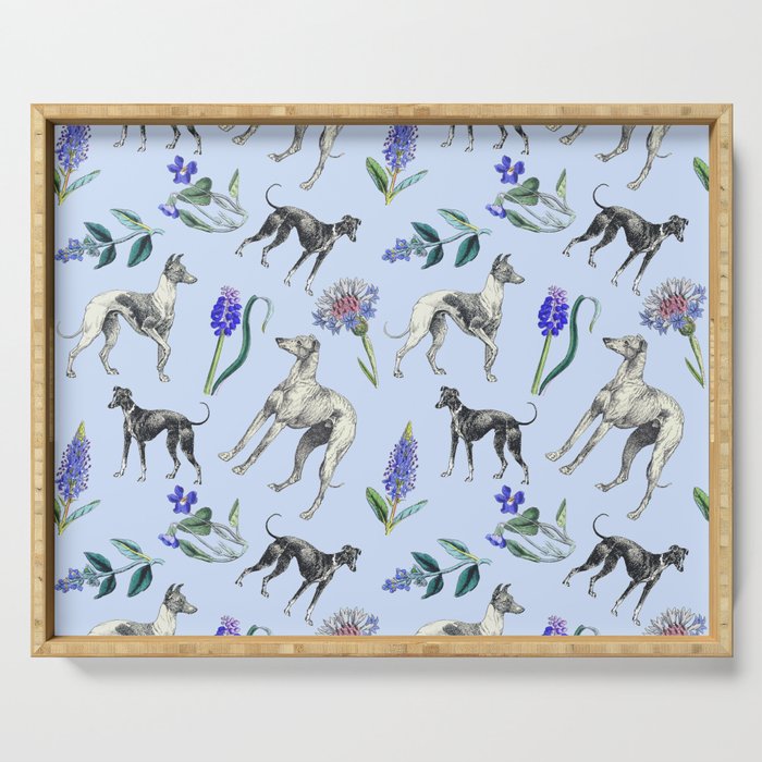 GREYHOUND DOGS and Blue Meadow Botanical Pattern  Serving Tray Gallery Image 1