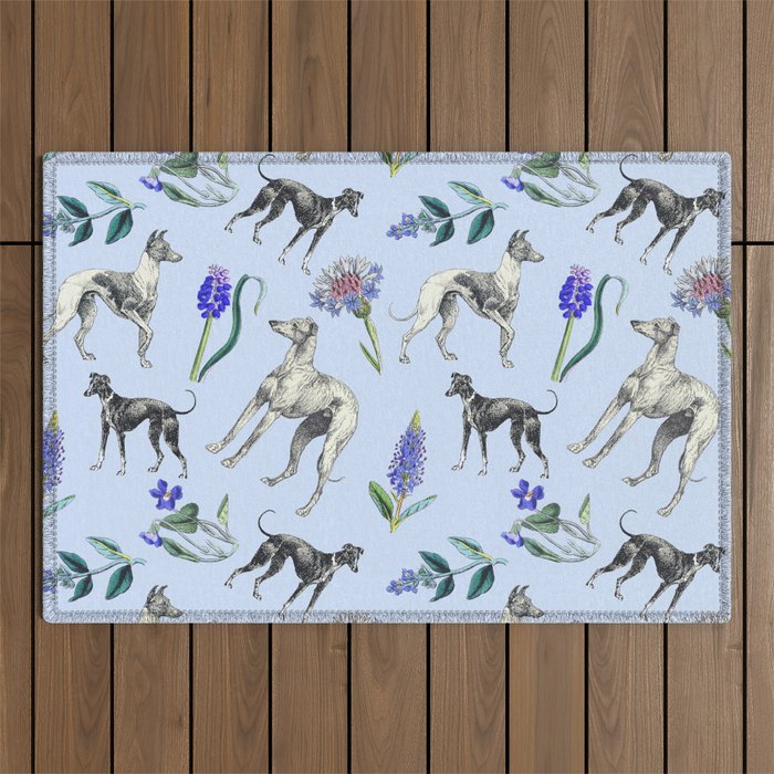 GREYHOUND DOGS and Blue Meadow Botanical Pattern  Outdoor Rug Gallery Image 1