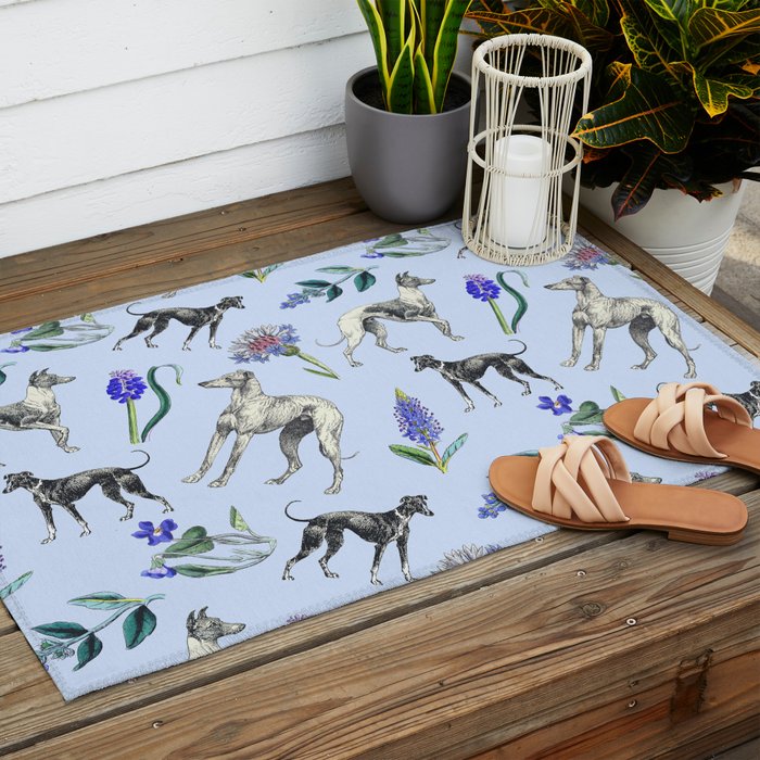 GREYHOUND DOGS and Blue Meadow Botanical Pattern  Outdoor Rug Gallery Image 2
