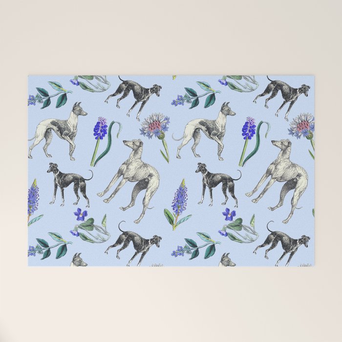 GREYHOUND DOGS and Blue Meadow Botanical Pattern  Welcome Mat Gallery Image 1