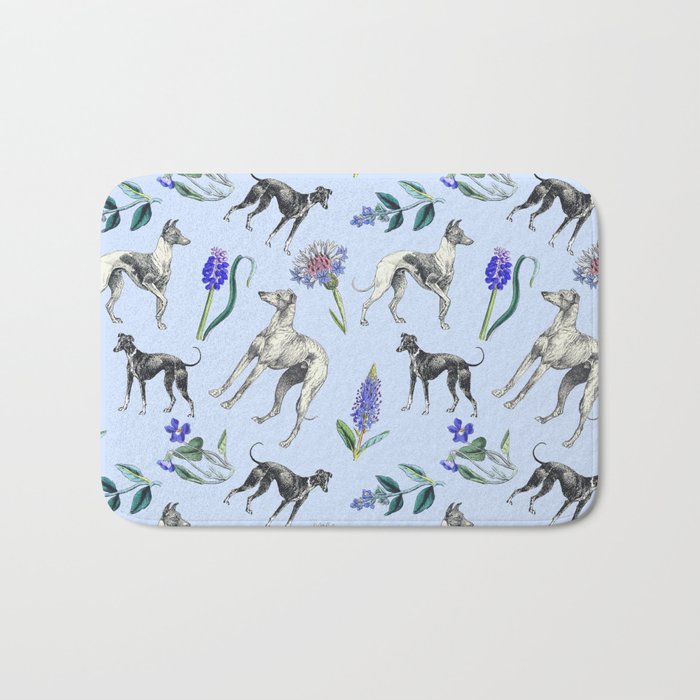 GREYHOUND DOGS and Blue Meadow Botanical Pattern  Bath Mat Gallery Image 1