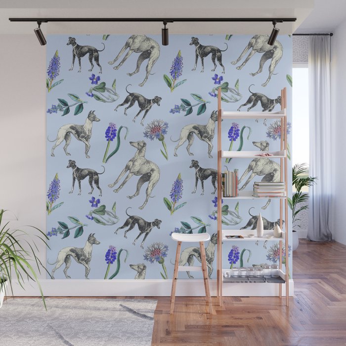 GREYHOUND DOGS and Blue Meadow Botanical Pattern  Wall Mural Gallery Image 1