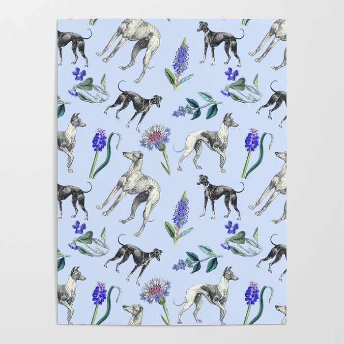 GREYHOUND DOGS and Blue Meadow Botanical Pattern  Poster Gallery Image 1