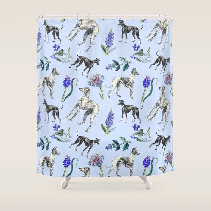GREYHOUND DOGS and Blue Meadow Botanical Pattern  Shower Curtain Gallery Image 1