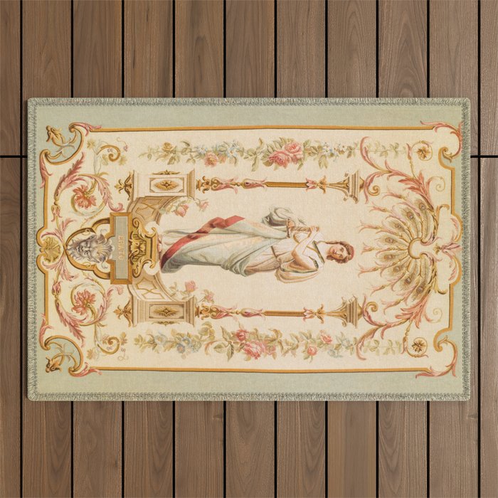 French Aubusson  Antique Tapestry Print Outdoor Rug Gallery Image 1