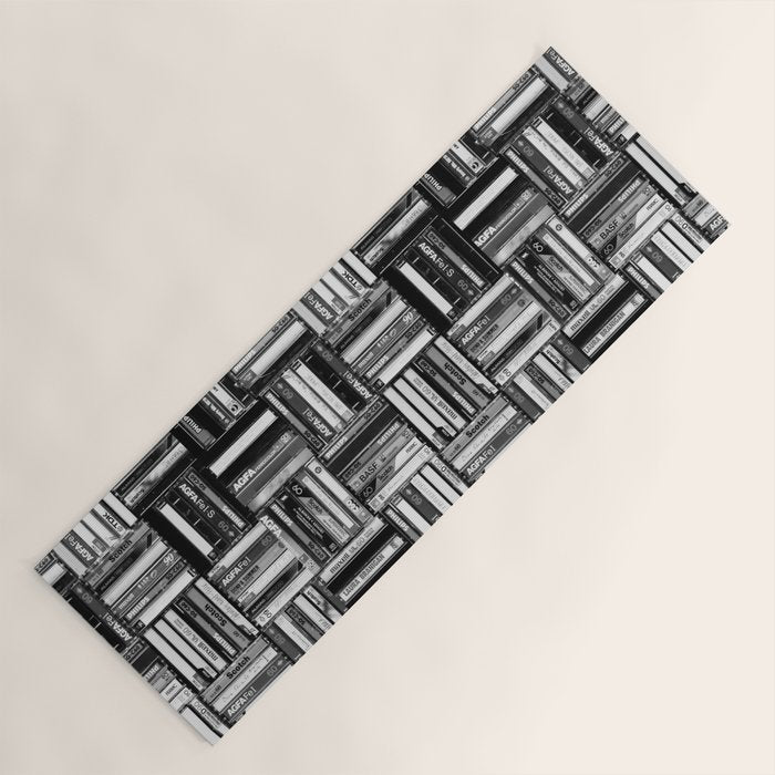 Music Cassette Stacks - Black and White - Something Nostalgic IV #decor #society6 #buyart Yoga Mat Gallery Image 1