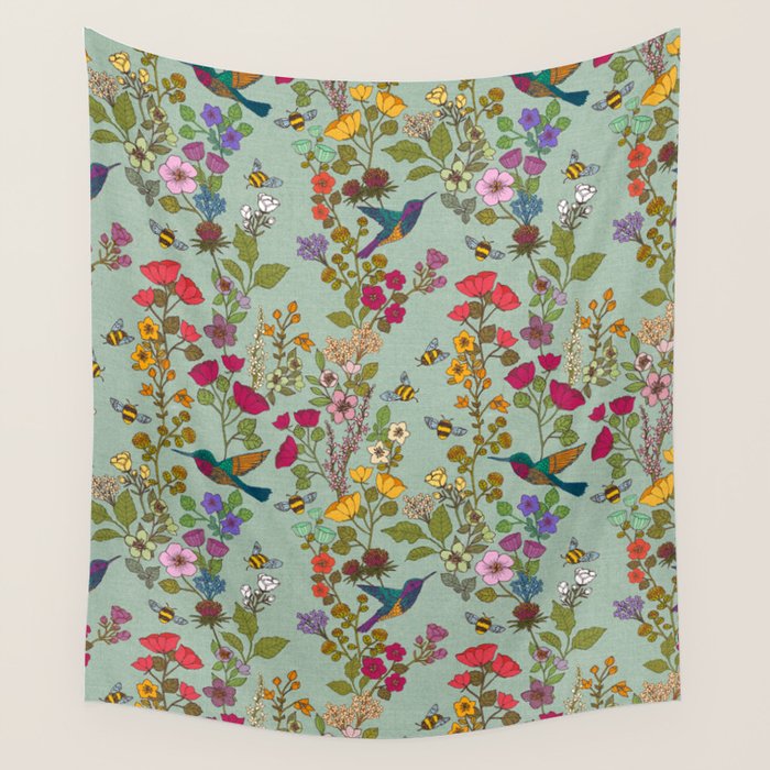 Hummingbirds and Bees {Duck Egg} Wall Tapestry Gallery Image 1