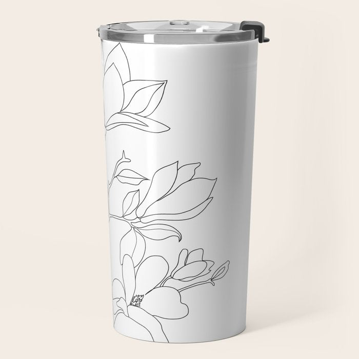 Minimal Line Art Magnolia Flowers Travel Mug Gallery Image 2