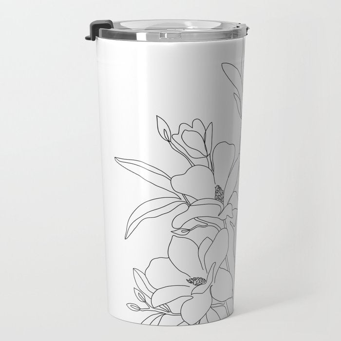 Minimal Line Art Magnolia Flowers Travel Mug Gallery Image 3