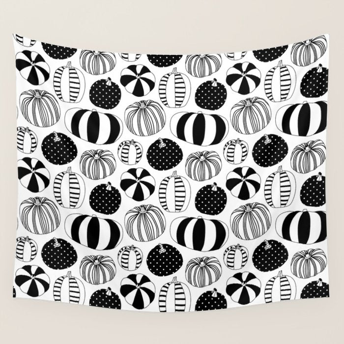 Black and white pumpkin vegetable pattern Wall Tapestry Gallery Image 4