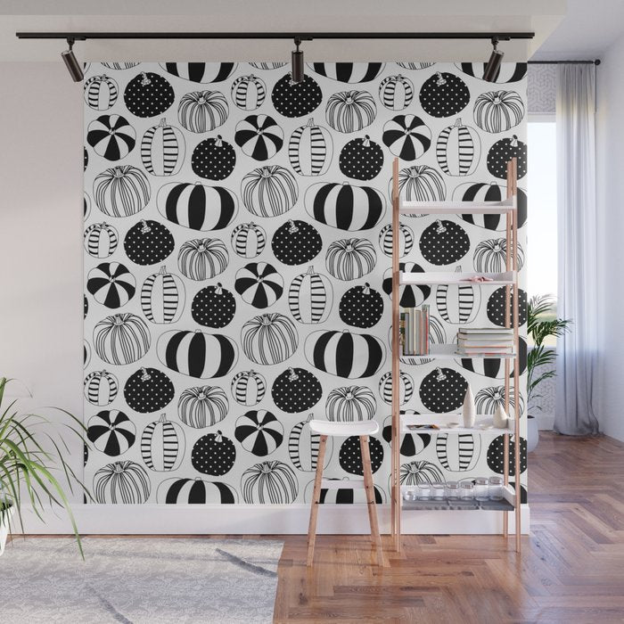 Black and white pumpkin vegetable pattern Wall Mural Gallery Image 1